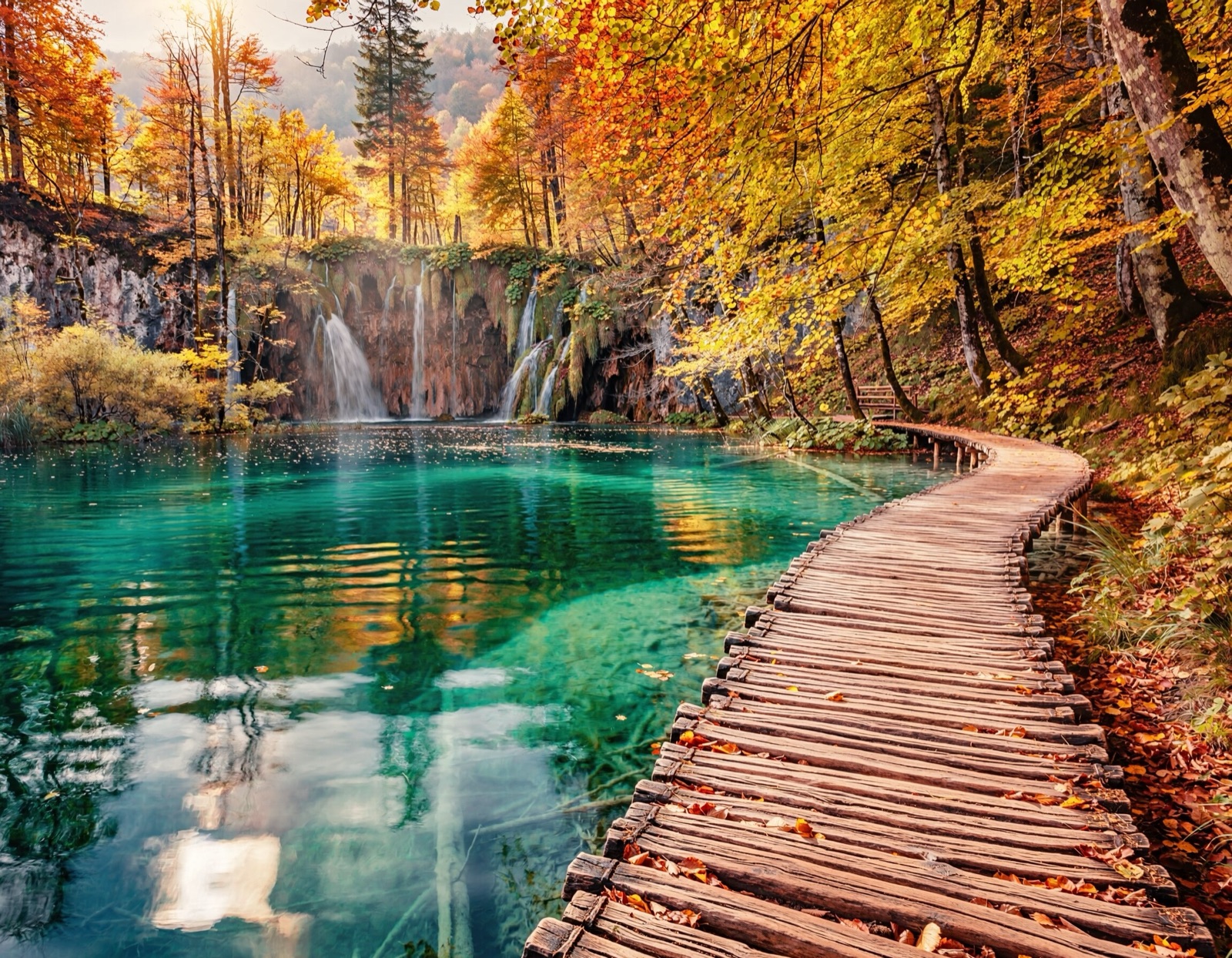 Una passerella di legno accanto a una pozza turchese, con piccole cascate e alberi dai colori autunnali